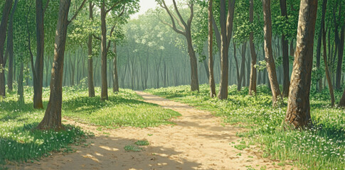 Fototapeta premium serene forest landscape featuring sandy path surrounded by lush green trees and wildflowers, evoking sense of tranquility and natural beauty