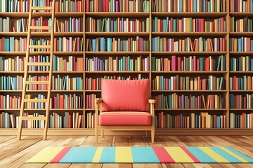 Cozy reading nook in a library with colorful bookshelves