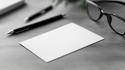 Blank business card on desk with pen and glasses in black and white