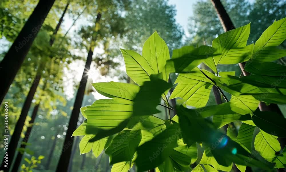 Poster sunlight filtering through lush green leaves in a tranquil forest setting