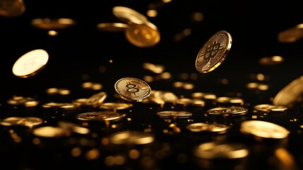 Digital currency explosion concept with falling bitcoin tokens on dark background