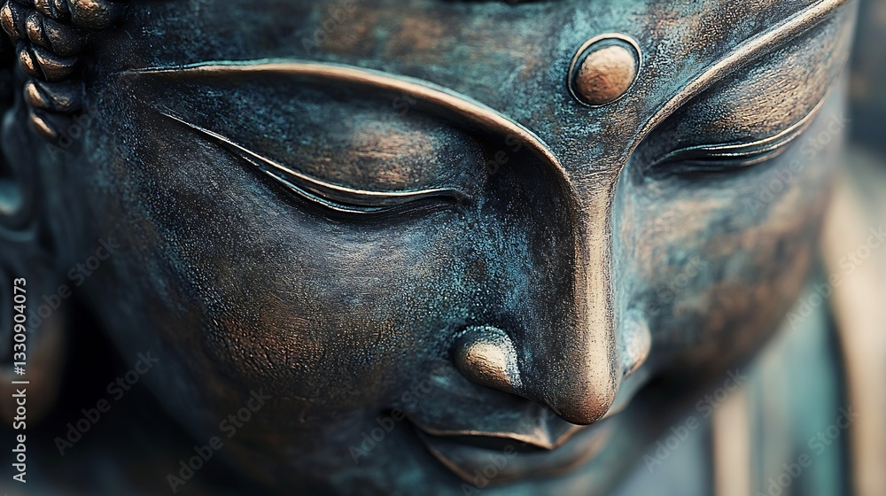 Poster Intricate details of a bronze Buddha statue reflecting a deep sense of peace and enlightenment in its expression : Generative AI