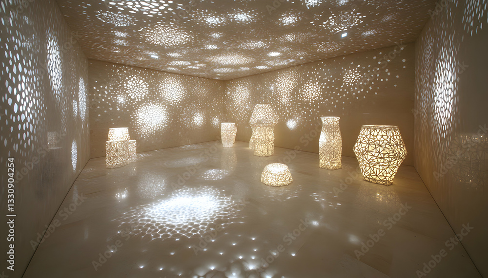 Poster serene room illuminated by intricately designed lamps casting mesmerizing light patterns on walls an