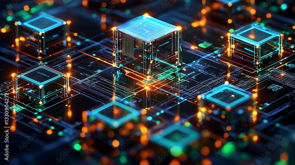 Aufkleber Dynamic representation of glowing tech cubes reflecting innovation and creativity in digital design : Generative AI