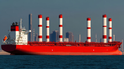 Obraz premium Red cargo ship at industrial port.