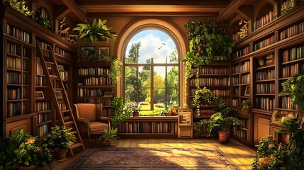Sunlit library interior with arched window, lush plants, and reading nook