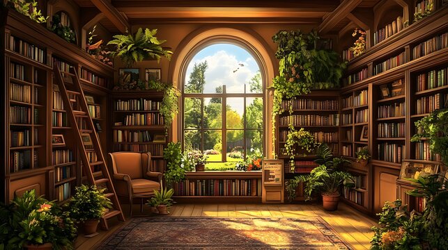 Sunlit library interior with arched window, lush plants, and reading nook