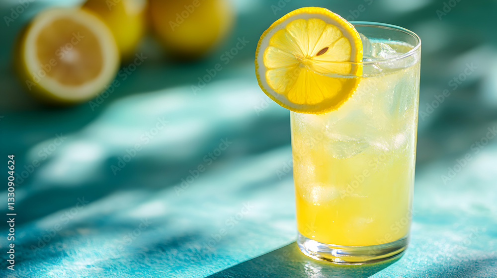 Poster refreshing lemon juice with ice and a lemon slice on a vibrant turquoise surface capturing the essen