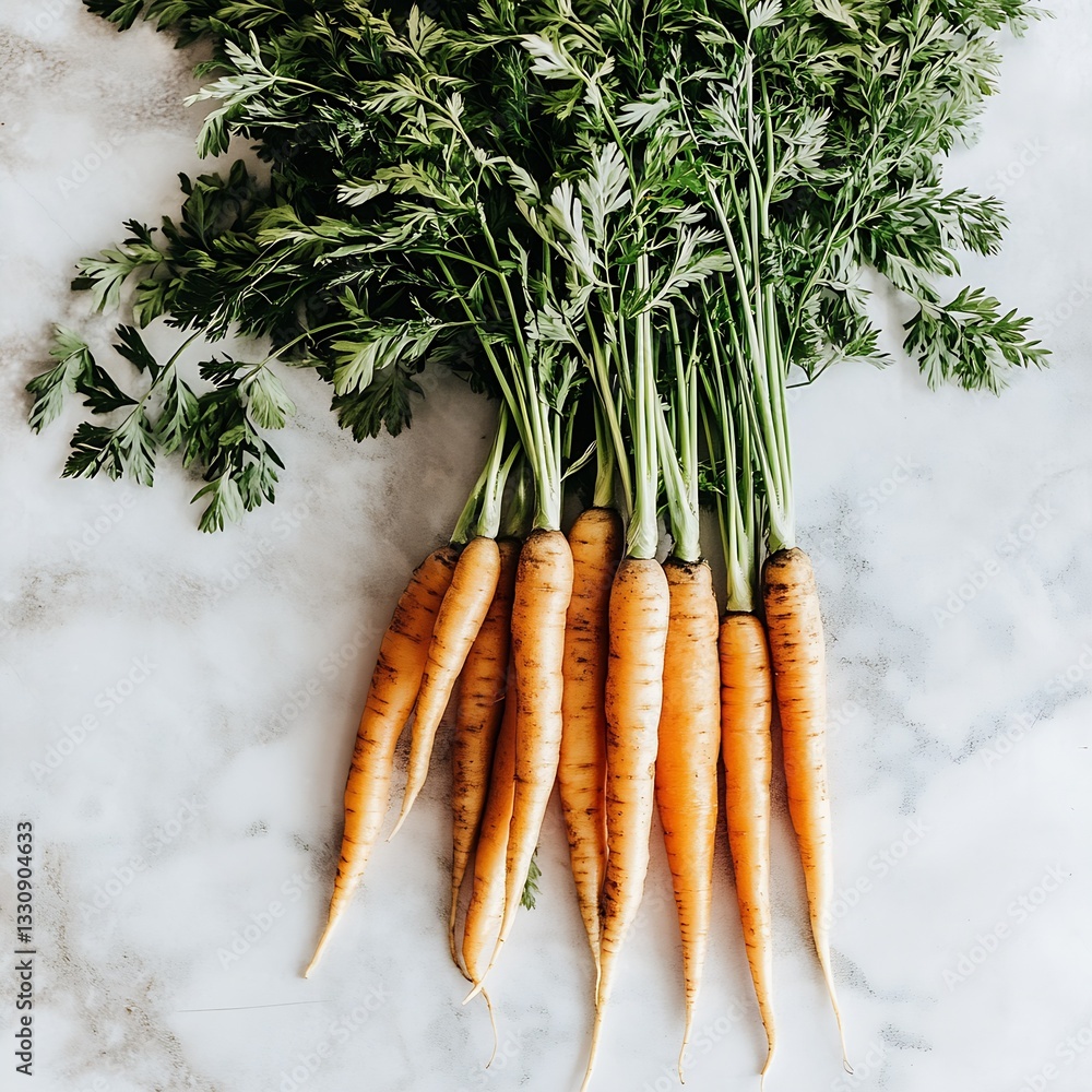 Poster an arrangement of fresh carrots with green tops set on a marble surface with a modern aesthetic : ge