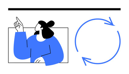 Woman looking up while pointing, positioned beside circular arrows denoting cycles, processes, or progress. Ideal for teamwork, workflow, planning, strategy, education innovation flat simple