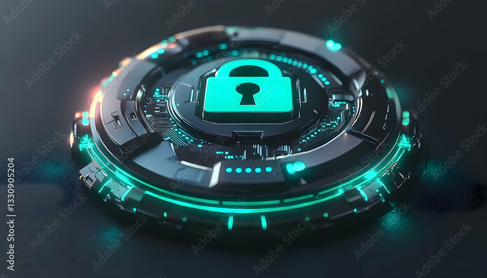 Aufkleber futuristic digital lock interface; glowing teal padlock icon on a dark, circular tech device. cybers