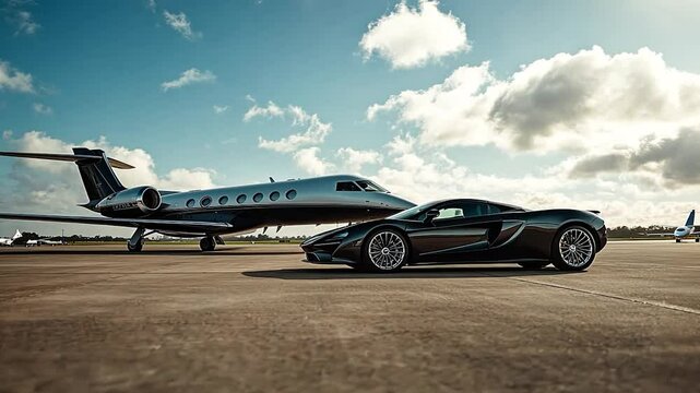 Super cars and private jets on the landing pad. Business services Airport