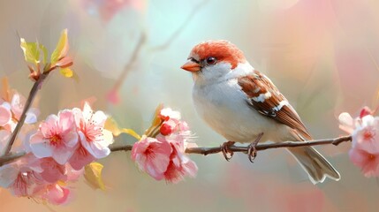 A whimsical sparrow, perched delicately upon a flowering branch, rendered with the gentle touch of soft pastel shades, evokes a sense of serene beauty and nostalgic charm The vintage pencil sketch