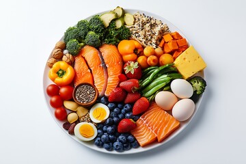 A colorful platter filled with healthy fruits and vegetables alongside proteins showcasing nutritious food choices : Generative AI