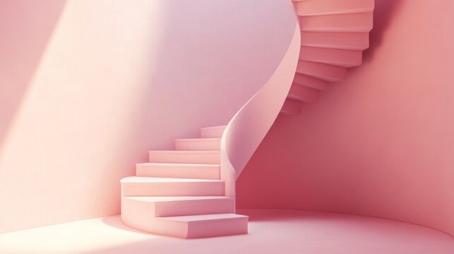Elegant curved pink staircase in minimalist architectural interior design