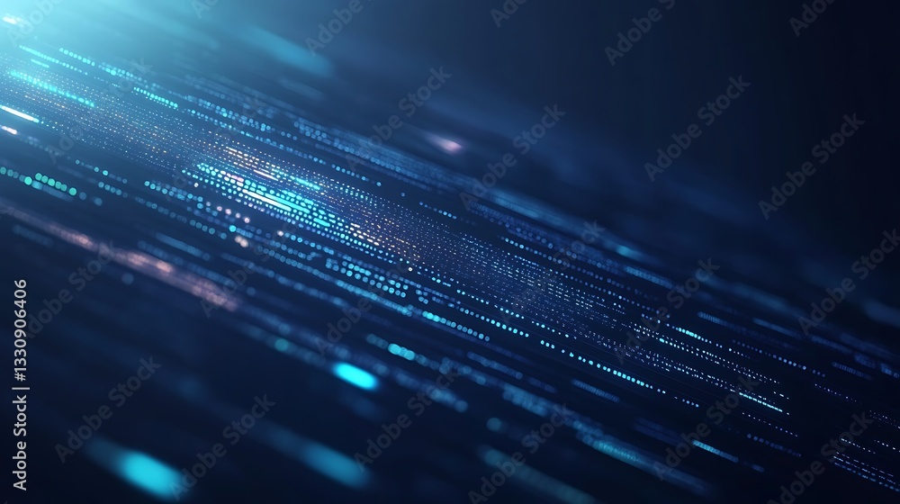 Poster Abstract digital background with glowing particles and light streaks in blue tones.