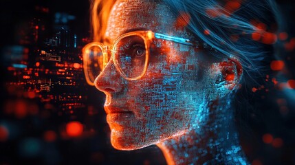 Woman's face digitally overlaid with code, futuristic technology concept.
