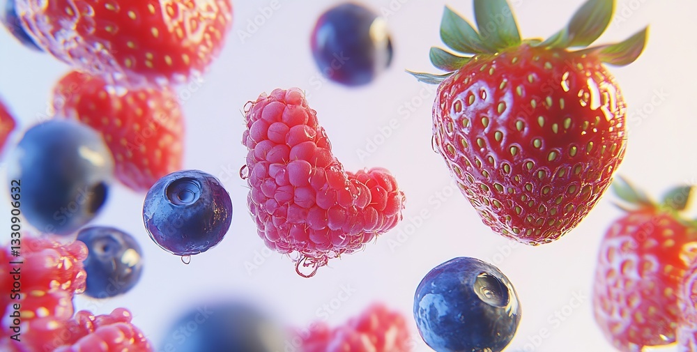 Aufkleber close up of juicy raspberries and strawberries floating in air with blueberries : generative ai