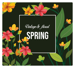 Spring design featuring colorful flowers and green leaves.