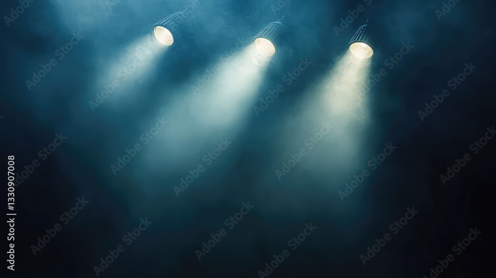Poster abstract curved spotlight beams illuminating a dark gradient background, creating a modern and artis