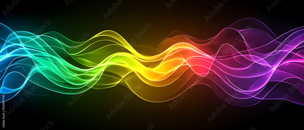 Poster dynamic color waves illustrating sound patterns abstract art digital design dark background vibrant 