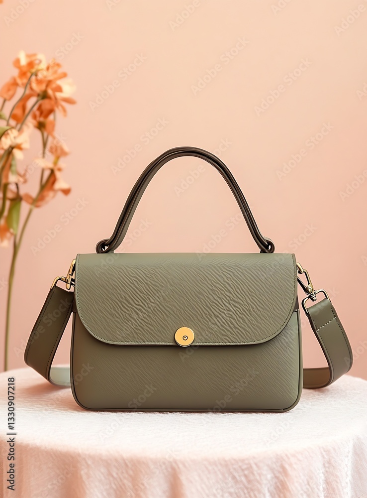 Poster sophisticated green handbag with a prominent button placed elegantly on a fabric surface lit by soft