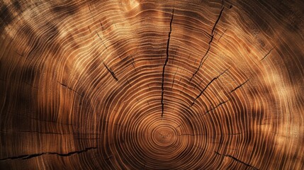Fototapeta premium Cross-section of tree trunk with rings and cracks for natural design and texture