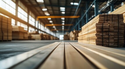 Obraz premium Industrial lumber warehouse with stacked wooden planks and sunlight