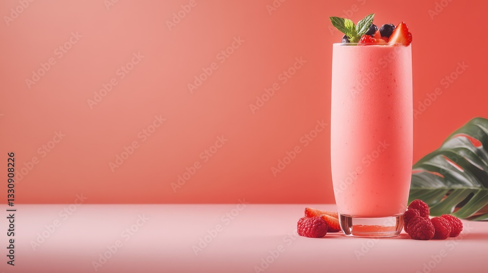 Poster a bright and refreshing smoothie in a glass, topped with berries, surrounded by empty space for copy