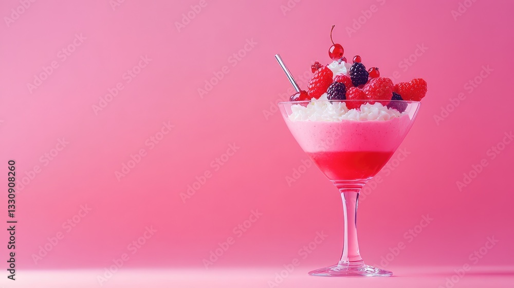 Poster a bright and refreshing smoothie in a glass, topped with berries, surrounded by empty space for copy