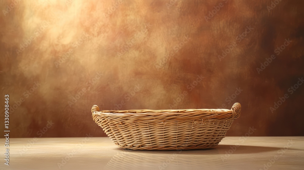 Poster a close-up of a natural wicker basket on a clean surface with a neutral-colored background providing