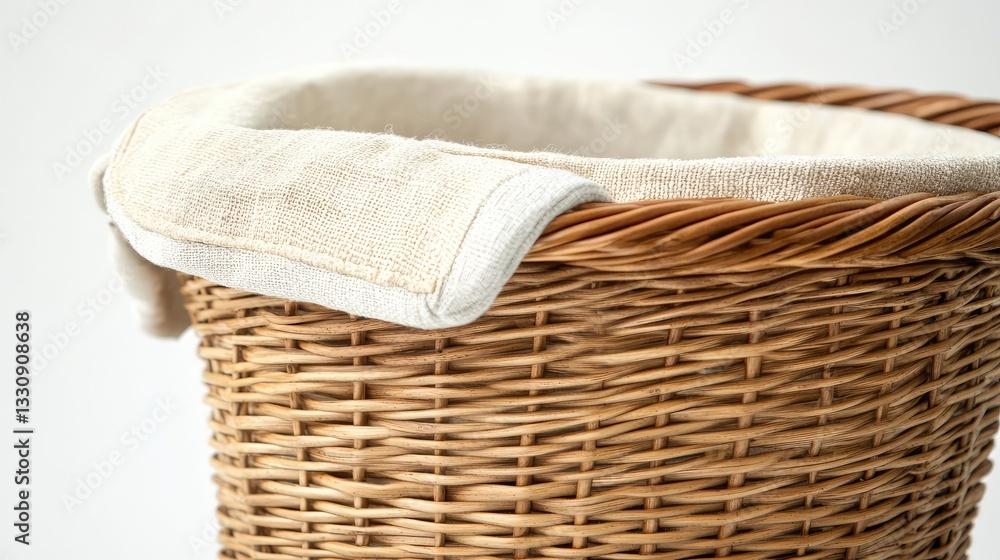 Poster a close-up of a wicker storage basket with a light fabric lining, isolated against a clean backdrop 