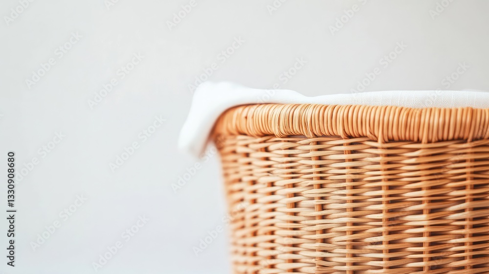Poster a close-up of a wicker storage basket with a light fabric lining, isolated against a clean backdrop 
