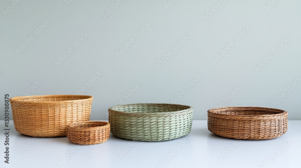 Aufkleber a collection of round wicker storage baskets placed on a smooth surface with ample space for text or