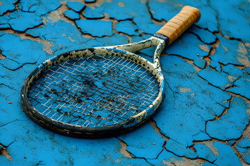 Vintage tennis racket on distressed blue surface, showcasing worn equipment