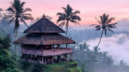 Balinese Hut Surrounded by Lush Greenery and Mist Under a Pink Sky at Sunrise Tropical Scenery in Indonesia