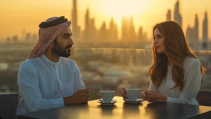 Man in traditional Middle Eastern attire and woman enjoy coffee on a rooftop terrace, sharing laughter with a stunning Dubai skyline at sunset. Video made using Generative AI. - Powered by Adobe