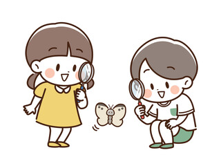 虫眼鏡_蝶を見るこども