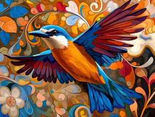 Obraz premium An enchanting boho folk art creation unveils a majestic bird suspended in dynamic mid-flight, its wings outstretched in a graceful embrace of the heavens Delicate ornamental swirls dance around the