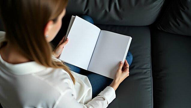 Woman Relaxing on Couch While Reading a Book with Blank Pages for Text