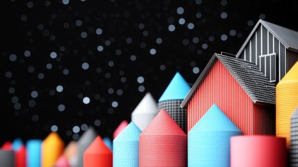 Fototapeta premium Colorful Papercraft Houses Miniature Village Night Sky Abstract Architecture 3D Render