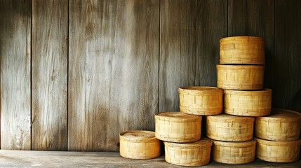 A group of small wicker baskets stacked together on a wooden surface, with clean walls around them offering space for text.