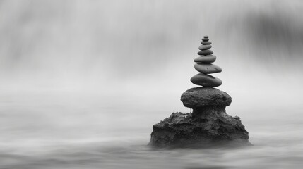 Obraz premium Zen and serenity in nature with balanced stone stack by waterfall
