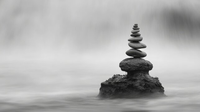 Zen and serenity in nature with balanced stone stack by waterfall
