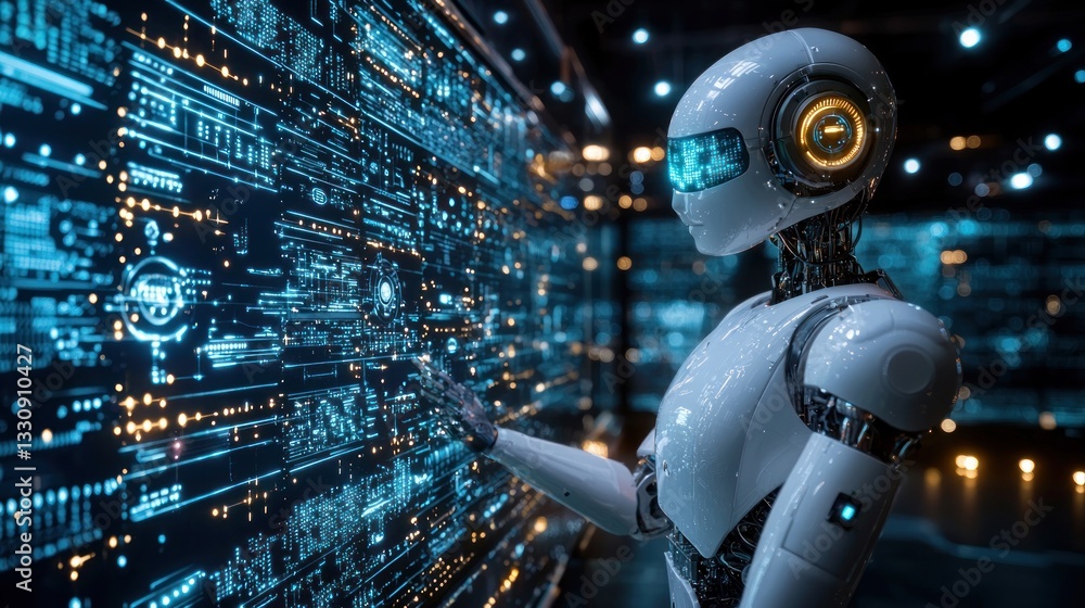 Poster futuristic robot interacts with a holographic data screen.
