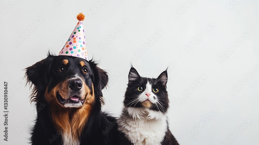 Poster happy dog and cat both wearing party hats with playful expressions for a joyful moment : generative 