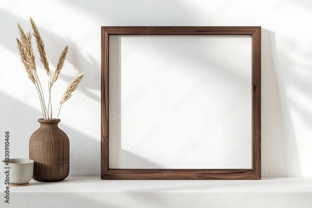 Poster Natural wood frame with a rustic finish displaying dried flowers and pottery against a white wall : Generative AI
