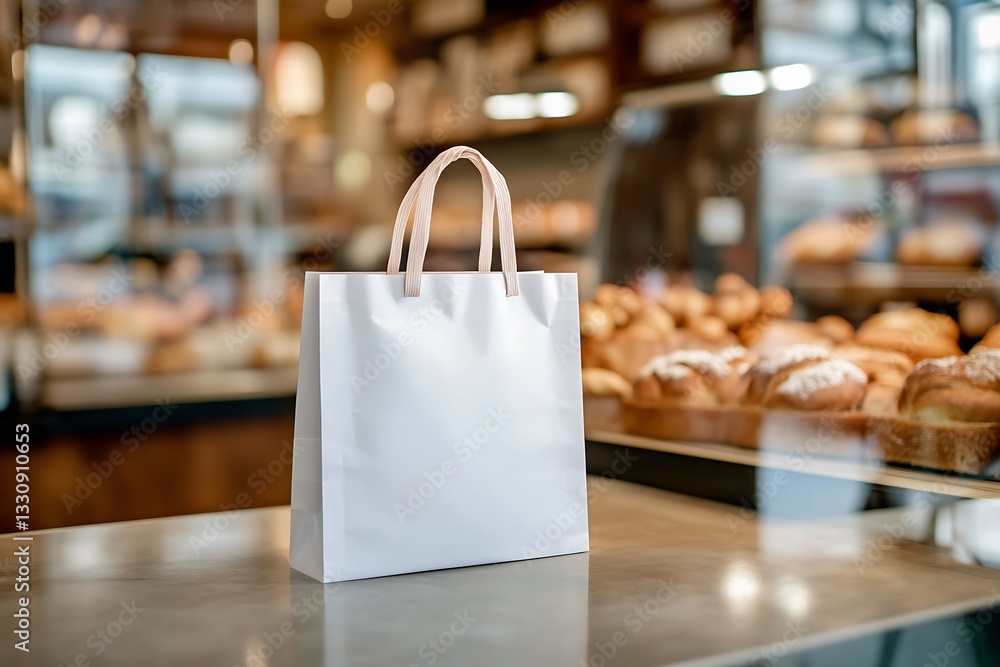 Poster Elegant white paper bag on a bakery counter showcasing a range of freshly baked goods in a warm inviting setting for customers : Generative AI