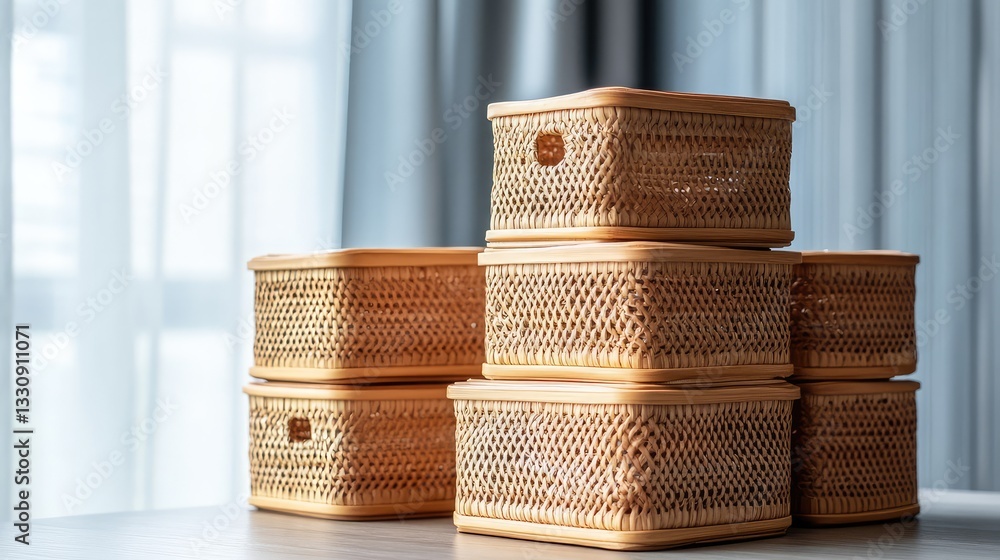 Poster a series of wicker baskets with simple, natural designs placed on a table, with a clear background f