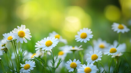 Fototapeta premium Beautiful chamomile flowers blooming in a sunlit meadow for tranquil nature scenery